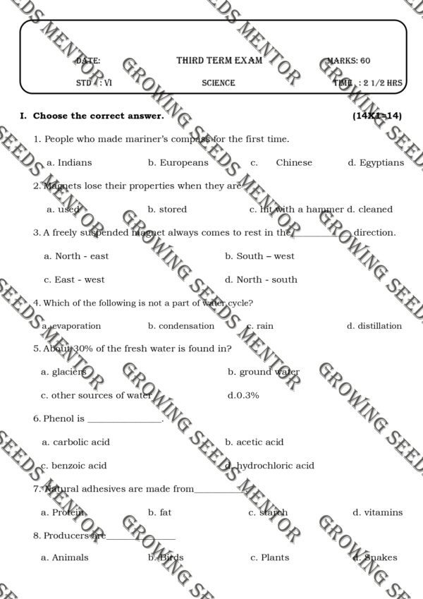 Science Third Term Exam Class 6